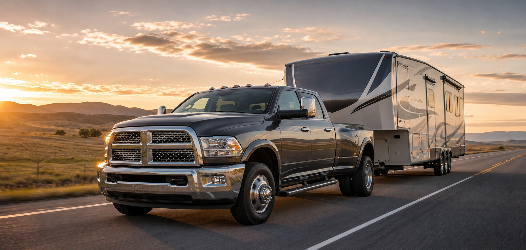 A BIG heavy-duty pickup truck towing a large camper on an open highway.