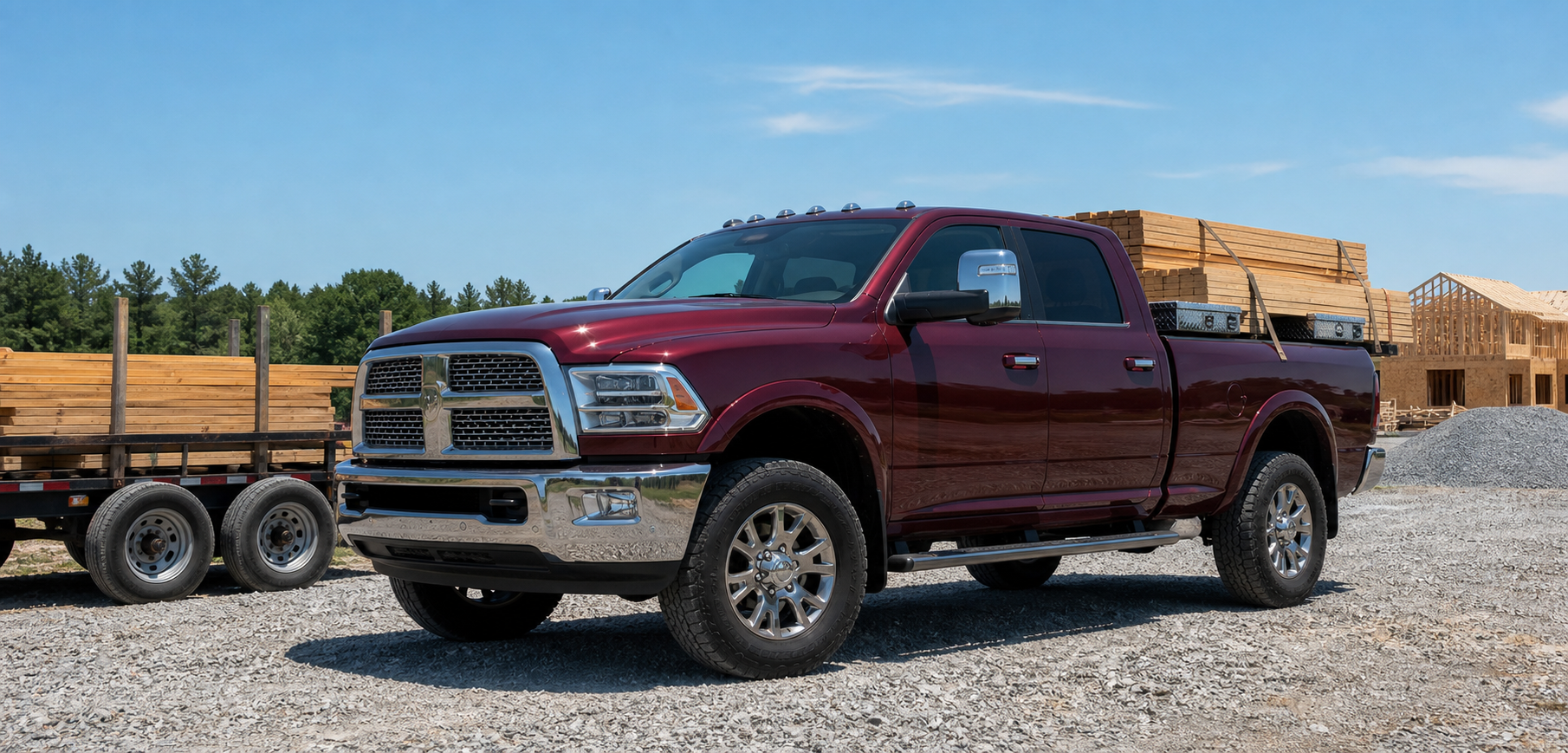 A BIG heavy-duty pickup truck at a worksite carrying lumber and tools.
